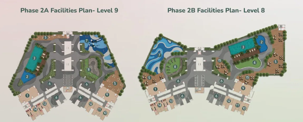 Facilities plans: Phase 2A at Level 9 and Phase 2B at Level 8, with the numbered amenities listed alongside