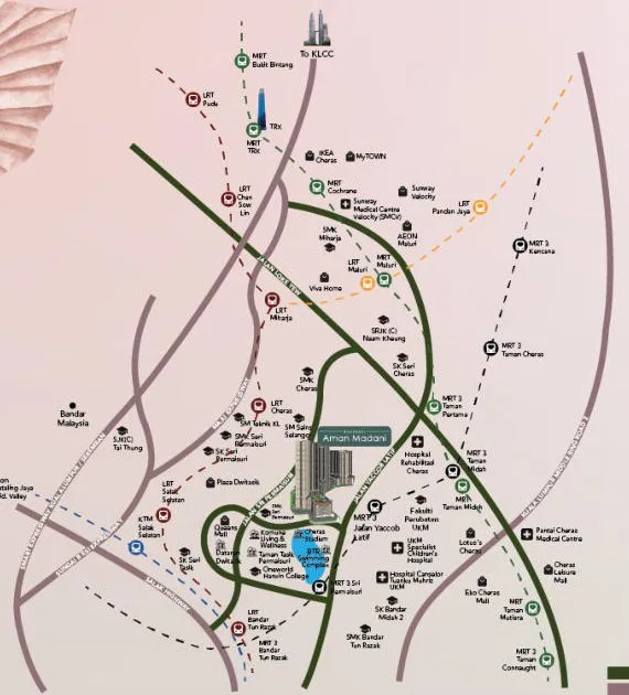 Location map of Residensi Aman Madani in Cheras with surrounding highways, rail stations, schools, hospitals and malls