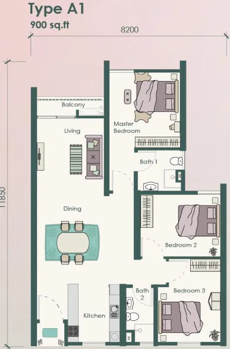 Type A1 floor plan, 900 sq ft: living, dining, kitchen, balcony, master bedroom with bath, two bedrooms and a second bath
