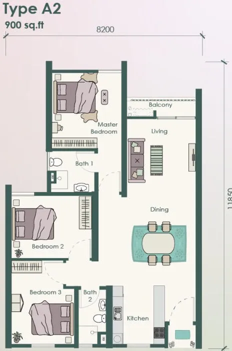 Type A2 floor plan, 900 sq ft: living, dining, kitchen, balcony, master bedroom with bath, two bedrooms and a second bath