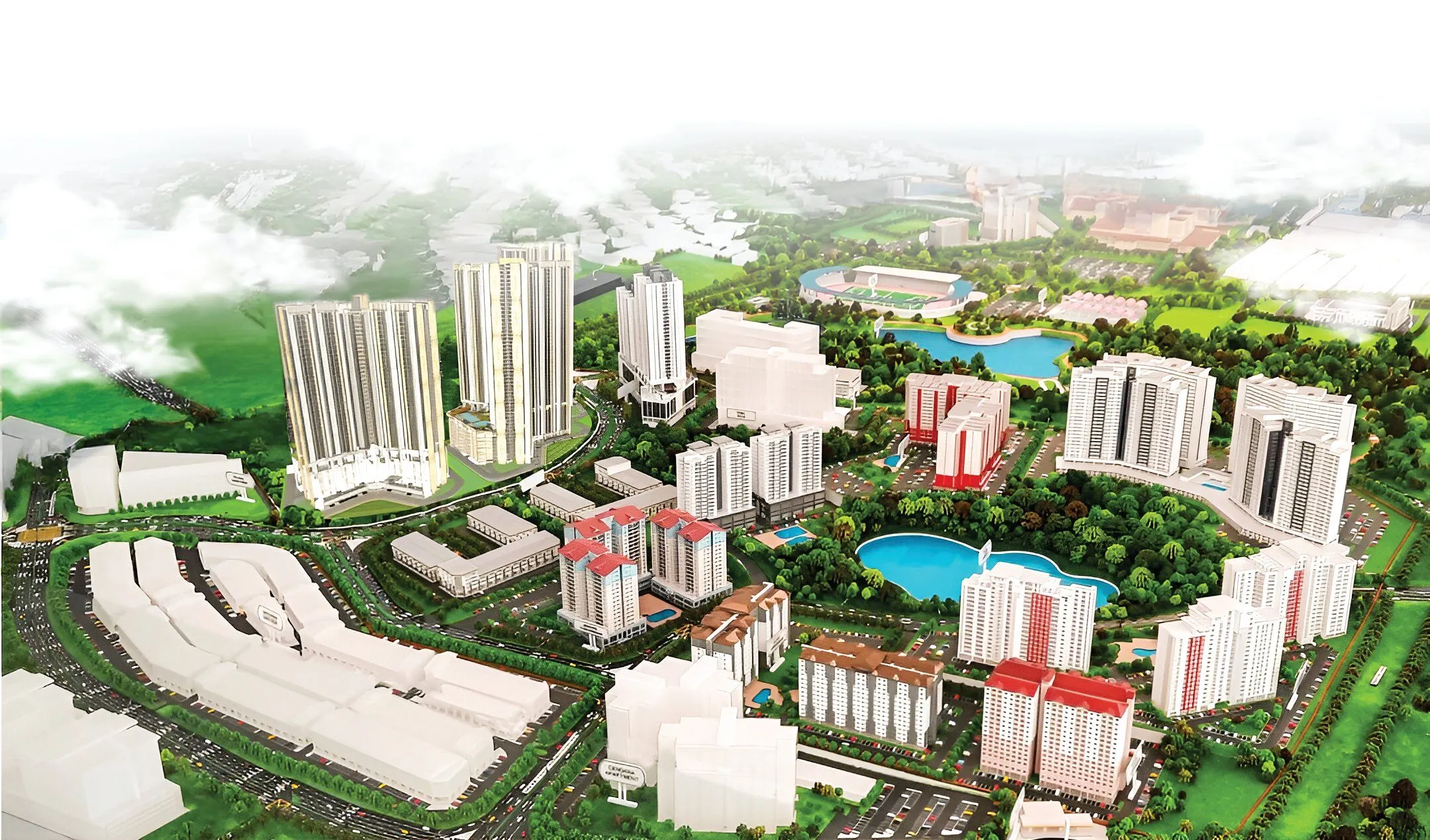 Aerial illustration of the Danau Lumayan township in Bandar Tun Razak, its towers set around two lakes